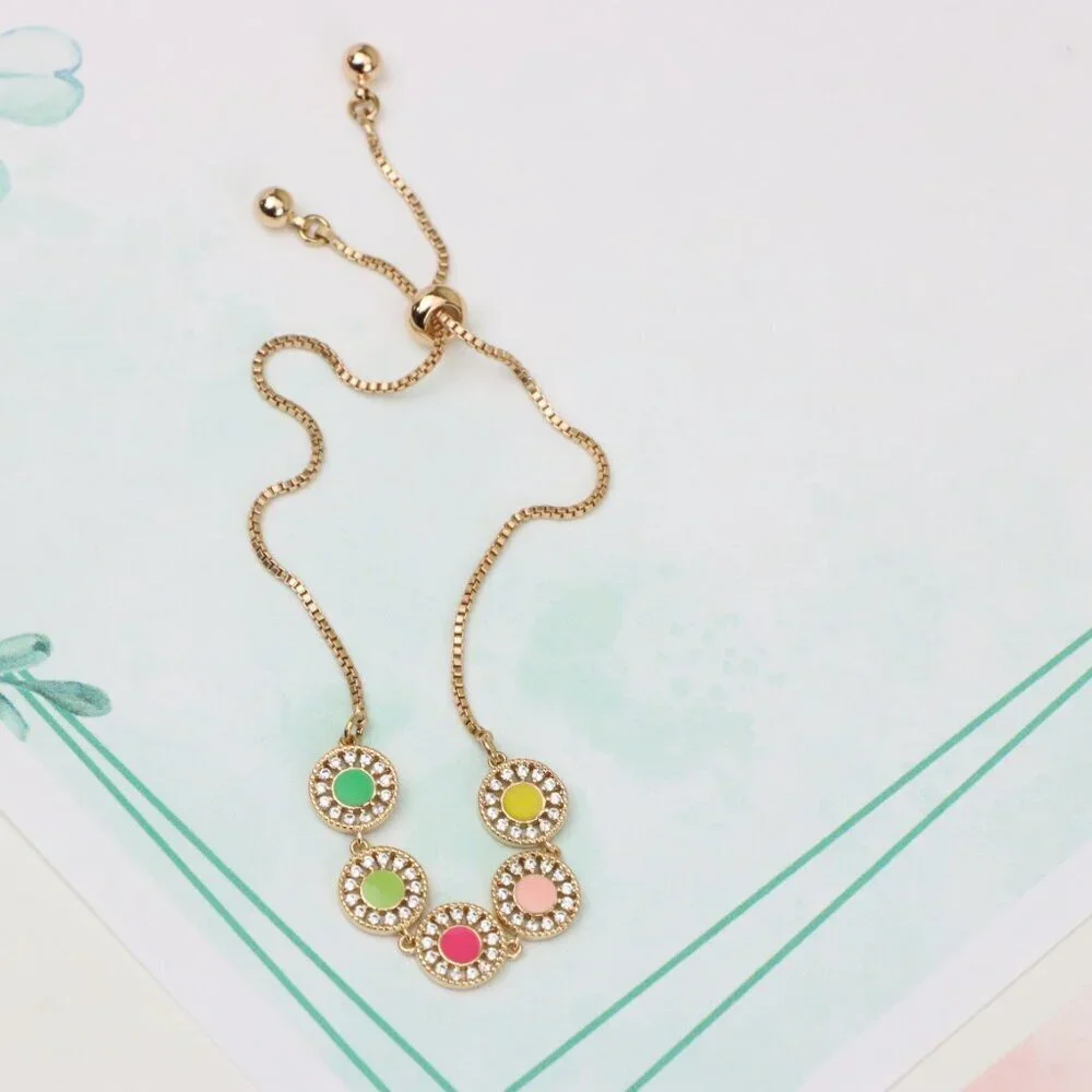 Rose Gold Adjustable Bracelet with Colorful CZ Disc Charms, XPAB0659